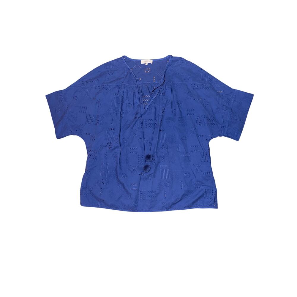 Lafayette 148 royal blue 100% cotton eyelet cut blouse top coastal classy medium